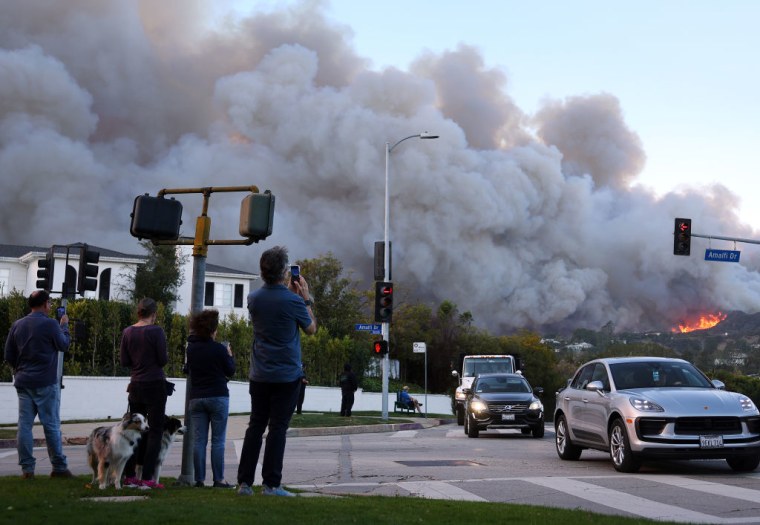 Residentes de Palisades Pacific, en Los Ángeles, observan las llamas del fuego que amenazael vecindario, el 7 de enero de 2025. 