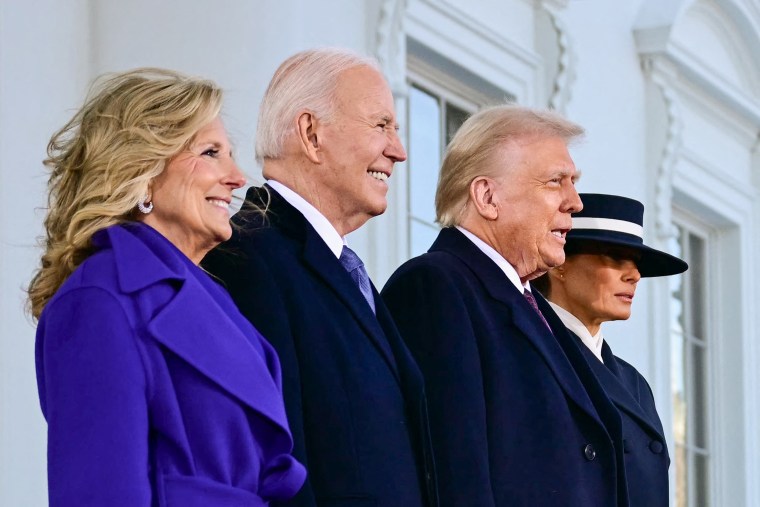 President Joe Biden and first lady Jill Biden greet President-elect Donald Trump and Melania Trump as they arrive at the White House.