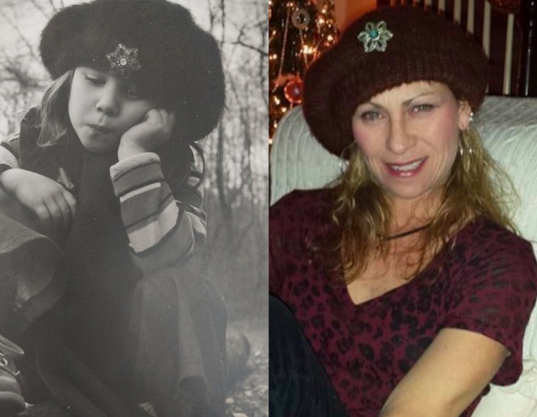 Left: A photo Patty took of Jeanette as a child. Right: Jeanette wearing the same hat, as an adult.