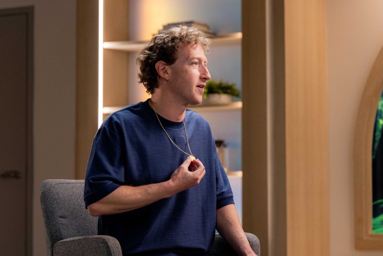 Mark Zuckerberg, chief executive officer of Meta Platforms Inc., explains the meeting of his necklace pendant during an interview on "The Circuit with Emily Chang" at Meta headquarters in Menlo Park, California, US, on Thursday, July 18, 2024.