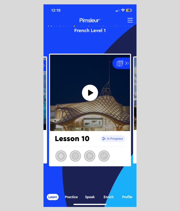 Pimsleur app homepage with the “Learn” tab selected and Level 1, Lesson 10 up next in the queue.