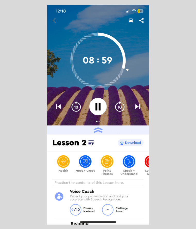 Screenshot of the Pimsleur lesson page setup, showing the time elapsed in the lesson, the fast forward and rewind buttons, an option to download the lesson and a list of lesson contents at the top.