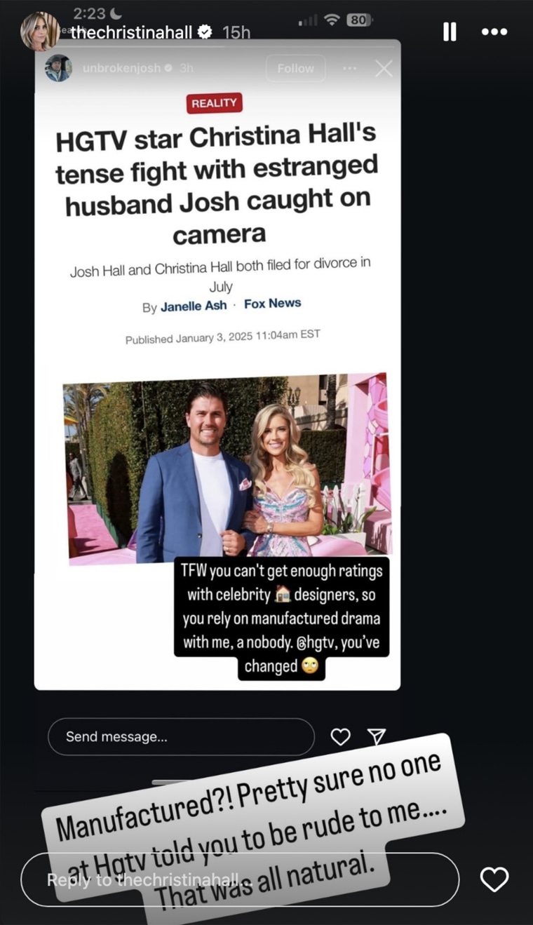 Christina Hall respondeu à afirmação de seu ex em suas histórias no Instagram.