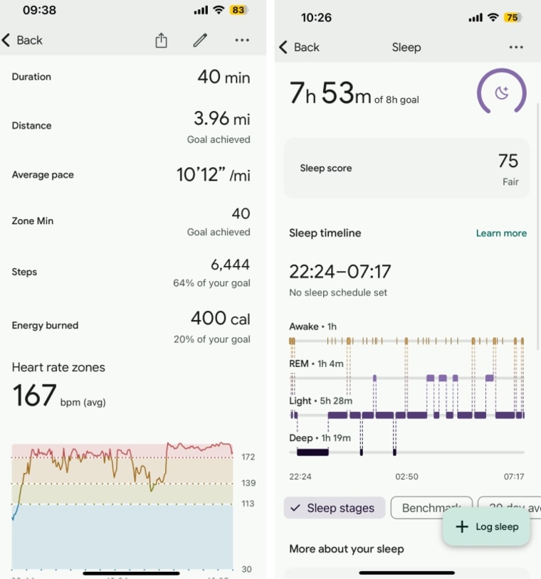 Data from the Fitbit app for a run and a night of sleep. 