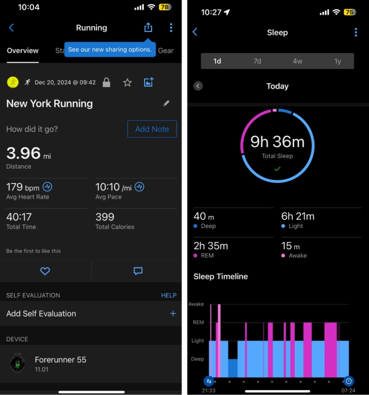 Data from the Garmin app for a run and a night of sleep.