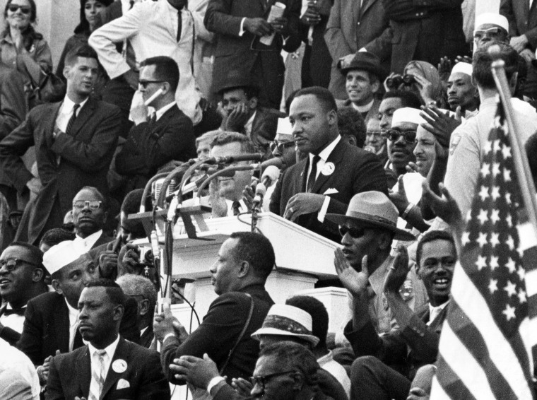 Dr. Martin Luther King Jr. addressing the crowd on the steps of the Lincoln Memorial during the March on Washington on Aug., 28, 1963.