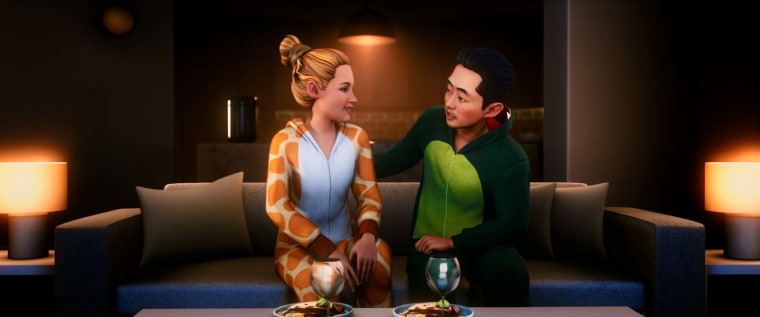 Kristen Stewart and Steven Yeun in the animation portion of "Love Me."