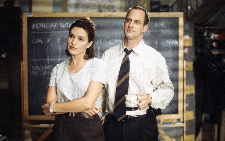 Mariska Hargitay as Detective Olivia Benson, and Chris Meloni as Detective Elliot Stabler in "Law & Order: Special Victims Unit" at aired in 1999.