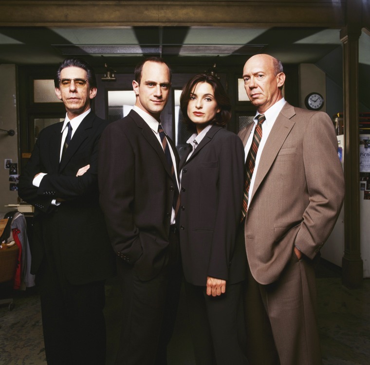 Richard Belzer as Detective John Munch, Christopher Meloni as Detective Elliot Stabler, Mariska Hargitay as Detective Olivia Benson, and Dann Florek as Captain Donald Cragen in season 1 of "Law & Order: Special Victims Unit."