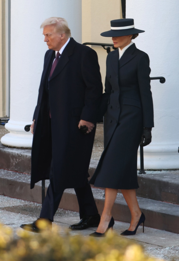 Melania Trump and U.S. President-elect Donald Trump leave after services at St. John's Church as part of Inauguration ceremonies on January 20, 2025 in Washington, DC. Donald Trump takes office for his second term as the 47th president of the United States. 