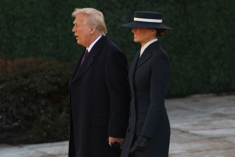 Melania Trump and U.S. President-elect Donald Trump leave after services at St. John's Church as part of Inauguration ceremonies on January 20, 2025 in Washington, DC. Donald Trump takes office for his second term as the 47th president of the United States. 