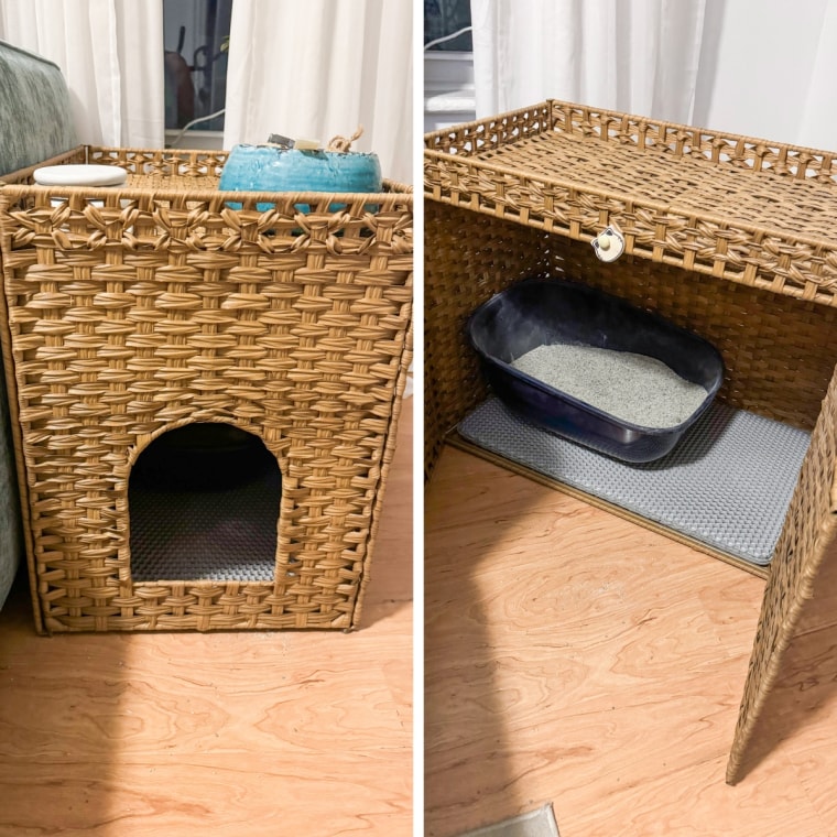 A litter box enclosure next to a couch
