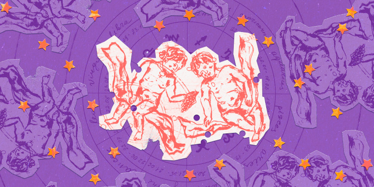 Paper cutouts of the Gemini zodiac on a purple background