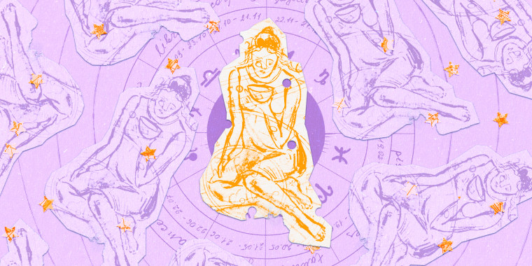 Paper cutouts of the Virgo zodiac on a purple background