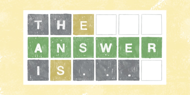 Sketch version of the New York Times' "Wordle" game grid, with three rows of six boxes each. The rows are read "The answer is…".