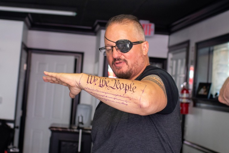 Oath Keepers President Stewart Rhodes at the shop in Newburgh, N.Y., on June 2, 2020.