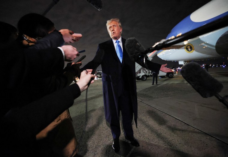 U.S. President Trump speaks upon his return to Washington, at Joint Base Andrews