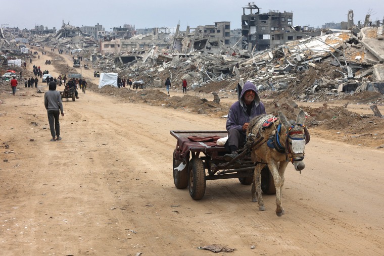 A man rides a donkey cart past the rubble of destroyed buildings in Jabalia, in the northern Gaza Strip, on February 5, 2025.