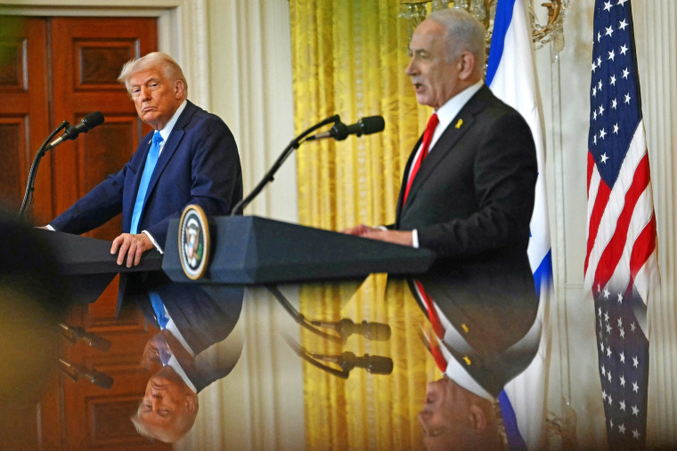 President Donald Trump listens to Israel's Prime Minister Benjamin Netanyahu speak at the White House on Feb. 4, 2025.