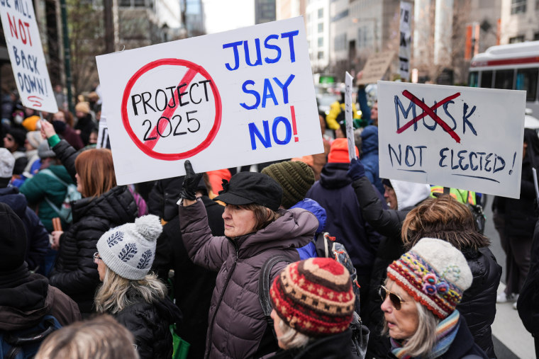 Protesters demonstrate outside, signs say "Project 2025, just say no" and "Musk not elected"