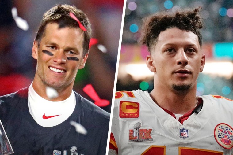 O quarterback Toma Bucaniers, Tom Brady, celebra o troféu Vince Lomdi em 2021; O quarterback do Kansas City Chiefs, Patrick Mahomes, após a derrota do Super Bowl contra a Philadelphia AG Gaus.