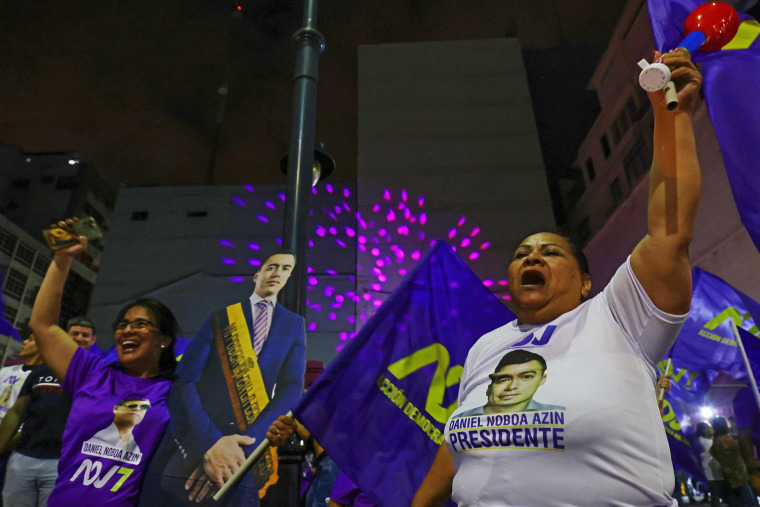 Supporters of President Daniel Noboa cheer on February 9, 2025 in Guayaquil, Ecuador. 