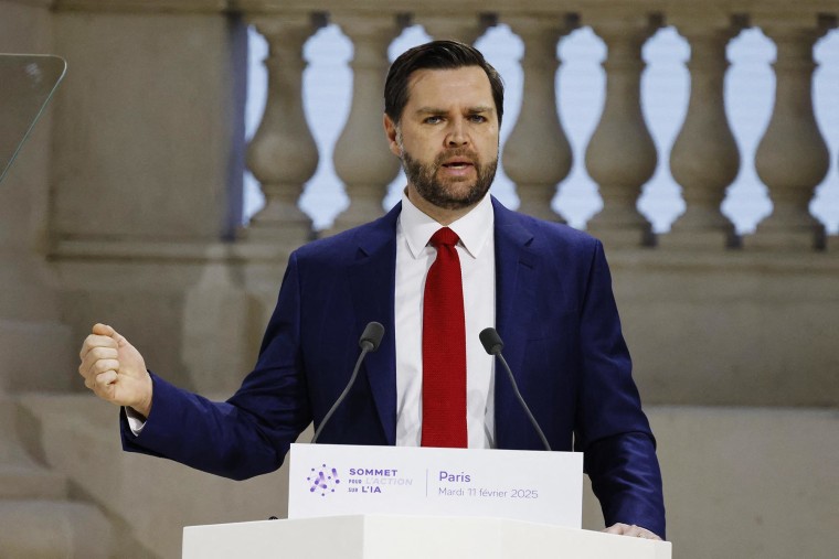 Vice President JD Vance speaks during a plenary session at the Artificial Intelligence Action Summit 