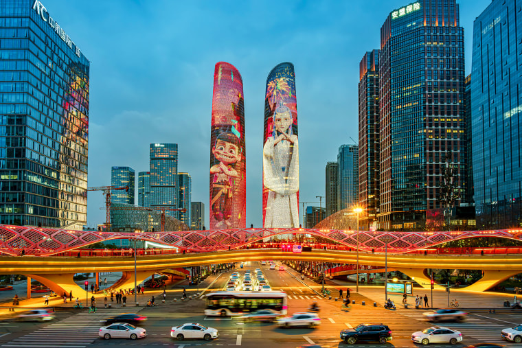 Twin Towers Performs Light Show In Chengdu