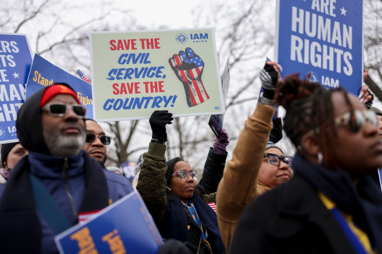 Demonstrators protest during a rally for federal workers at the US  Capitol, on Feb. 11, 2025. 