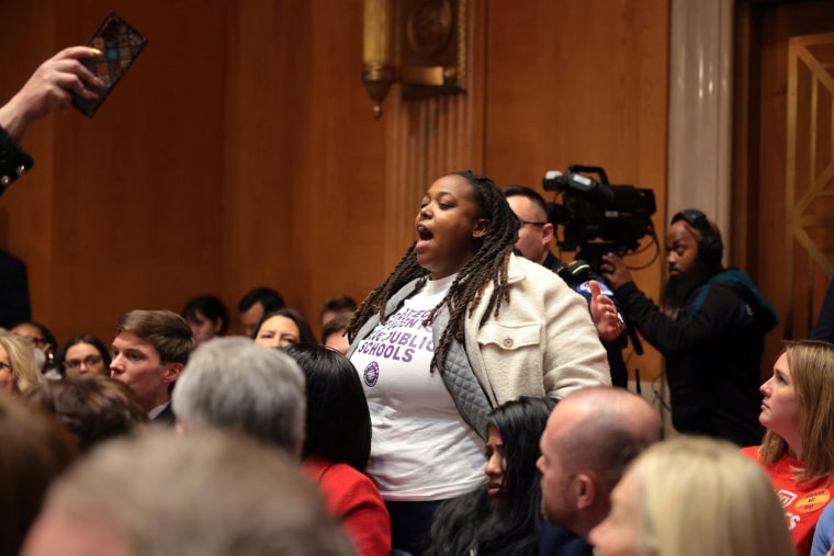 A protester interrupts Linda McMahon as she testifies during her confirmation hearing