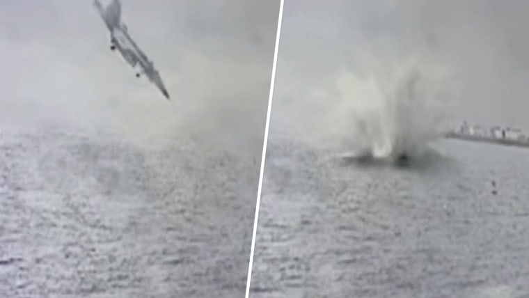 A split image showing the before and after of a U.S. Navy Jet crashing into the San Diego Bay