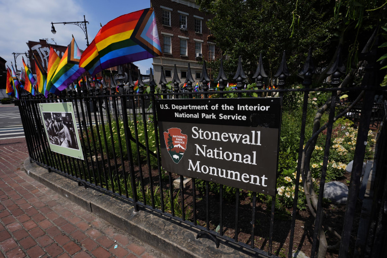 A National Park Service sign marks the Stonewall National Monument outside the Stonewall Inn in New York in 2024.