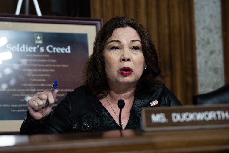 Sen. Tammy Duckworth, (D-Ill), questions Pete Hegseth, President-elect Donald Trump's nominee to be defense secretary, during his Senate Armed Services confirmation hearing in Dirksen building on January 14, 2025.