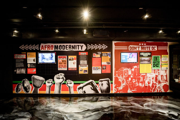 A museum wall decorated with black power fists and text that says "Afro Modernity" and "Don't Mute DC"