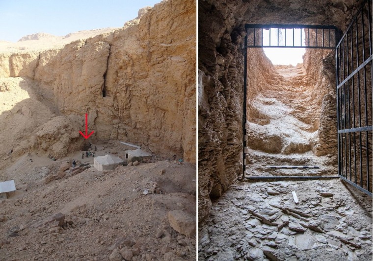 A split side by side composite image showing The entrance to the tomb of King Thutmose II near Luxor in southern Egypt.