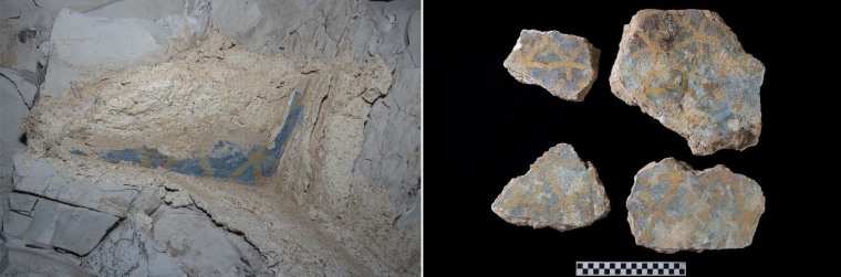 A side by side composite image of the remains of the decorations seen in Thutmose II's tomb.