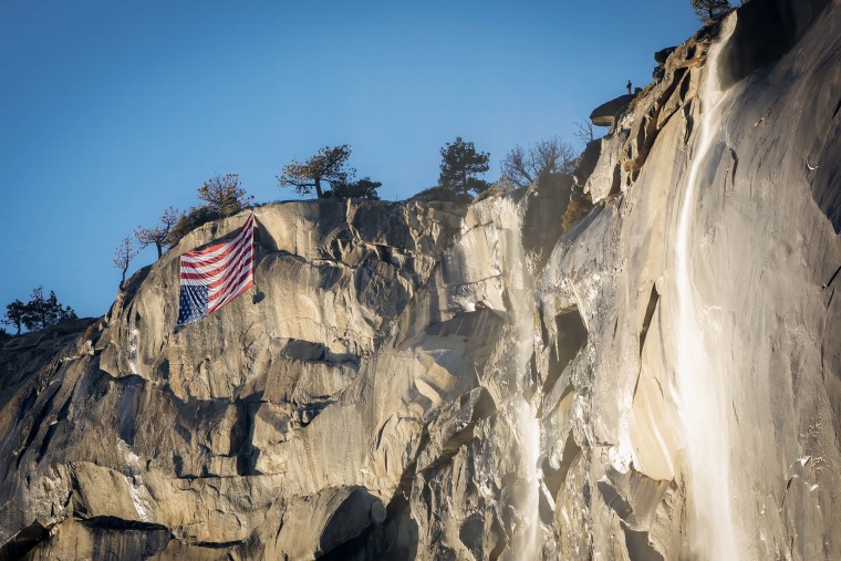 The US flag is back as an protest at Yosemite's El capitan.