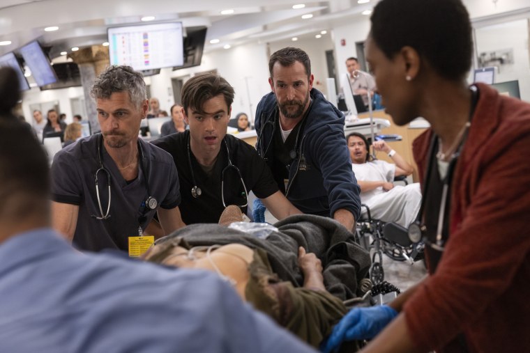 Ned Brower, Patrick Ball, Noah Wyle and Tracy Ifeachor in "The Pitt", Season one, on Max.