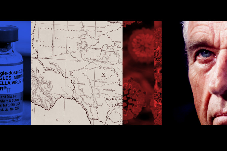 写真イラスト：はしかワクチン、テキサスの地図、はしかウイルス、RFK Jr.