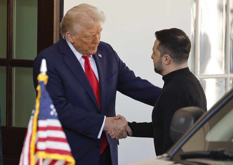 President Donald Trump greets Ukrainian president Volodymyr Zelenskyy as he arrives at the White House on Feb. 28, 2025.