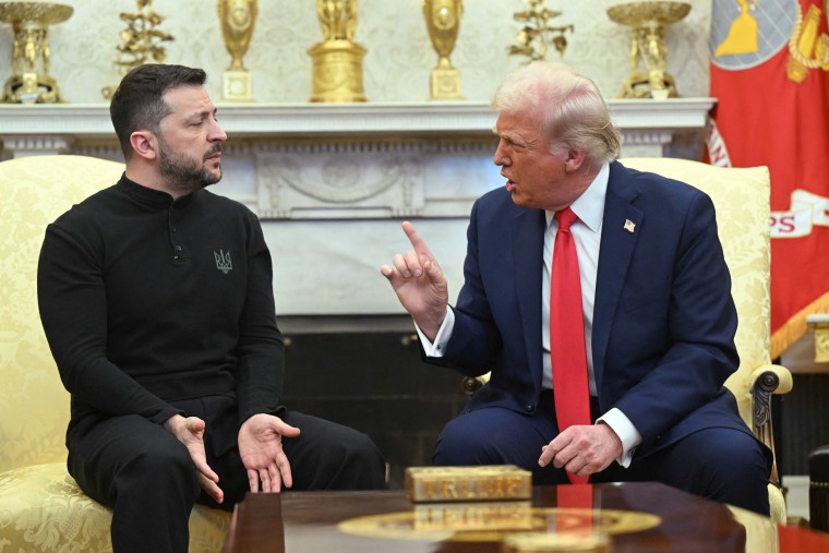 President Donald Trump and Ukraine's President Volodymyr Zelenskyy meet in the Oval Office on Feb. 28, 2025.