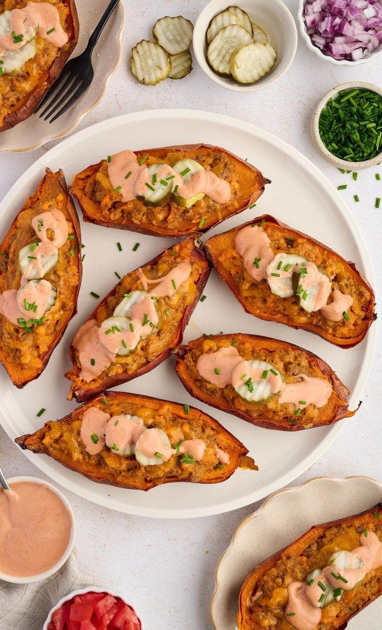 Cheeseburger-Stuffed Sweet Potatoes