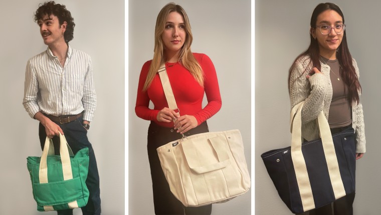 The Shop TODAY team carrying multiple colorways of the Lands' End Canvas Multiway Pocket Tote.