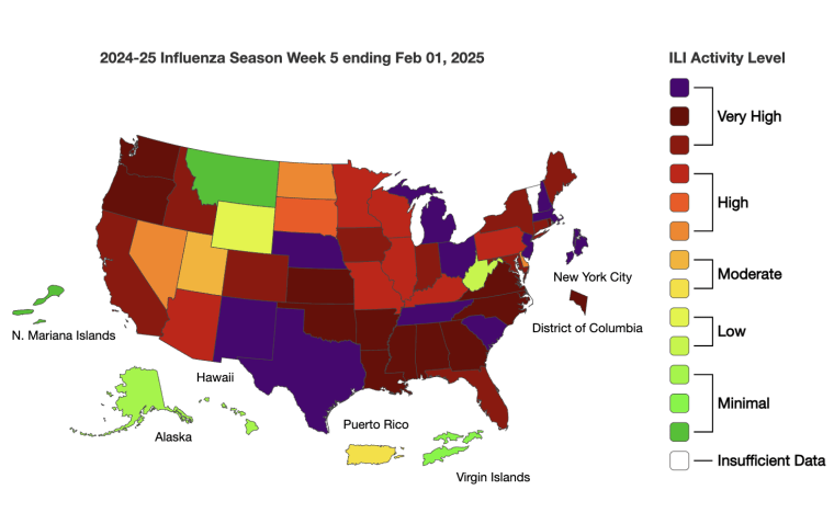 Map of outpatient influenza-like illness activity in U.S. for 2024-25 flu season