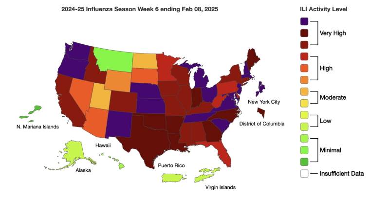 Map of outpatient influenza-like illness activity in U.S. For 2024-25 flu season