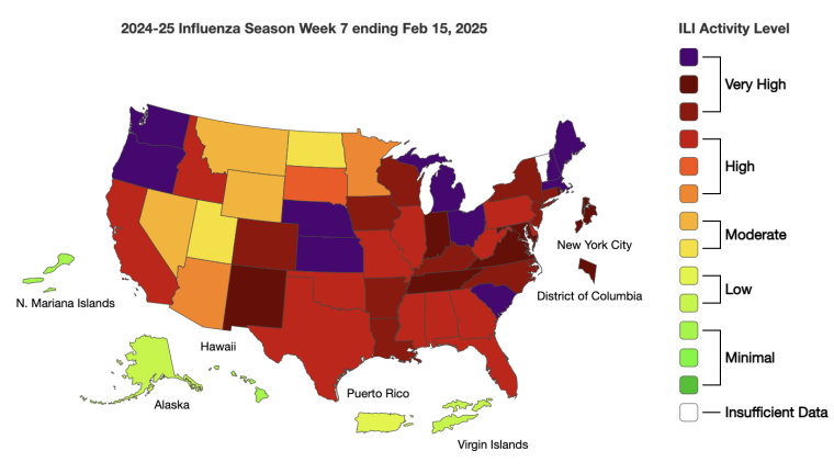 Map of outpatient influenza-like illness activity in U.S. for 2024-25 flu season