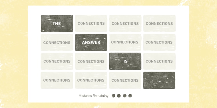 Drawing of a New York Times Connections game board. The words "The answer it..." fill each of four dark grey tiles diagonally across the board. The rest of the tiles are light grey, with the word "connections" in each of them.