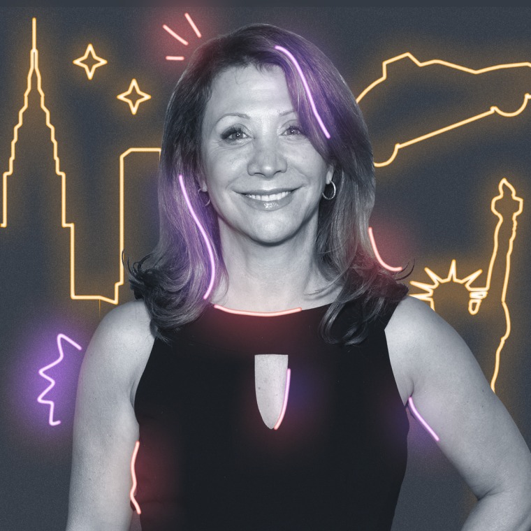 Cheri Oteri with yellow neon signs behind them on a gray background
