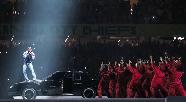 Kendrick Lamar performs during the Super Bowl LIX Halftime Show.