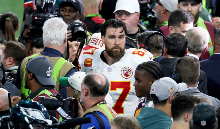 Travis Kelce #87 of the Kansas City Chiefs looks on after Super Bowl LIX against the Philadelphia Eagles.